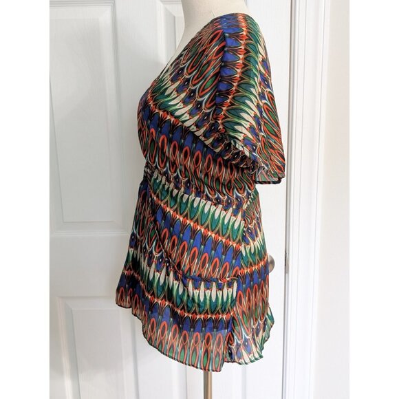 ARYN K Women’s 100% Silk Blouse Flutter Geometric Colorful Festival Aztec Sz S - Picture 5 of 11